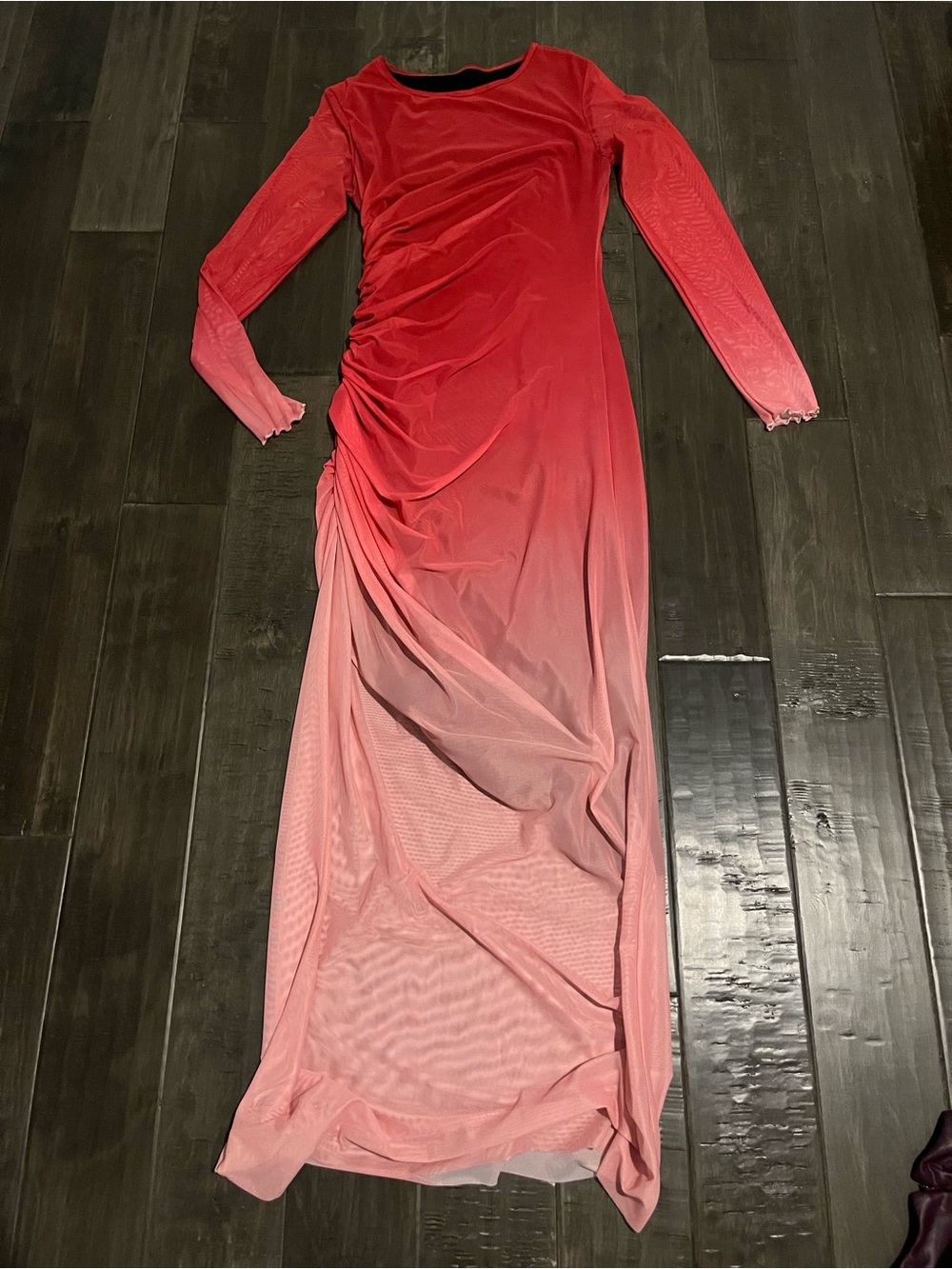 Ombre Long-Sleeve Maxi Dress in Red to Pink